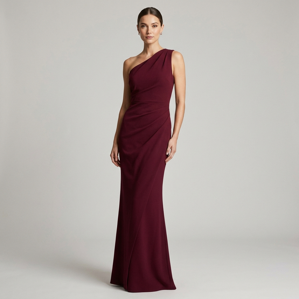 Burgundy one-shoulder evening gown