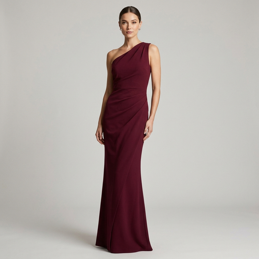 Burgundy one-shoulder evening gown