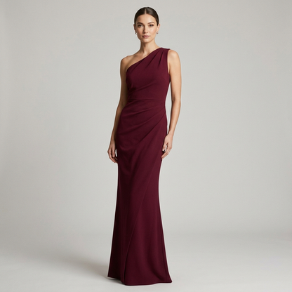 Burgundy one-shoulder evening gown