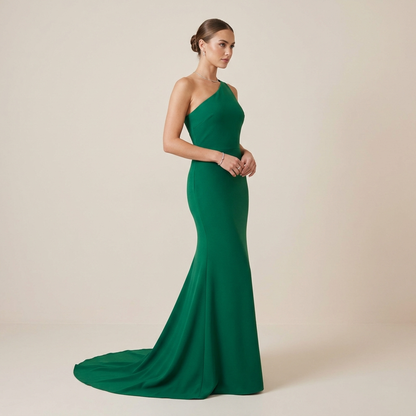 Emerald one-shoulder evening gown